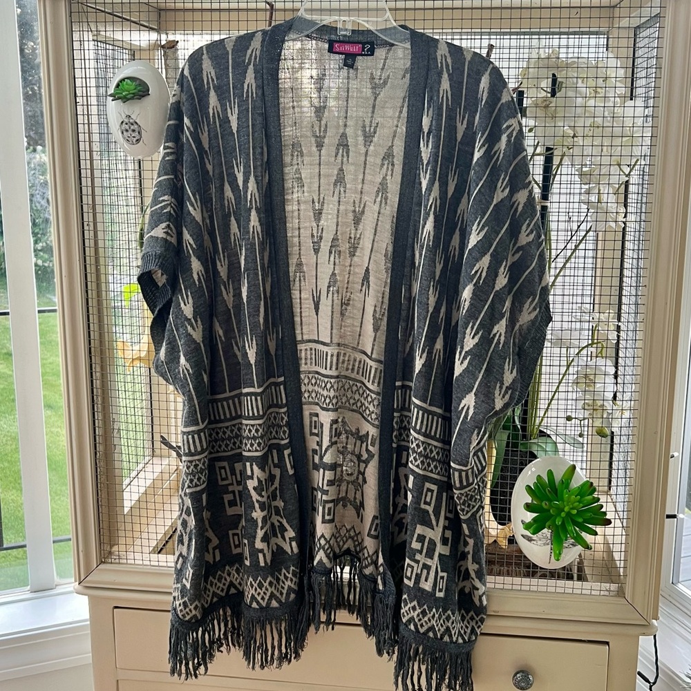 Say What? Tan and Gray Patterned Cardigan Kimono XL
